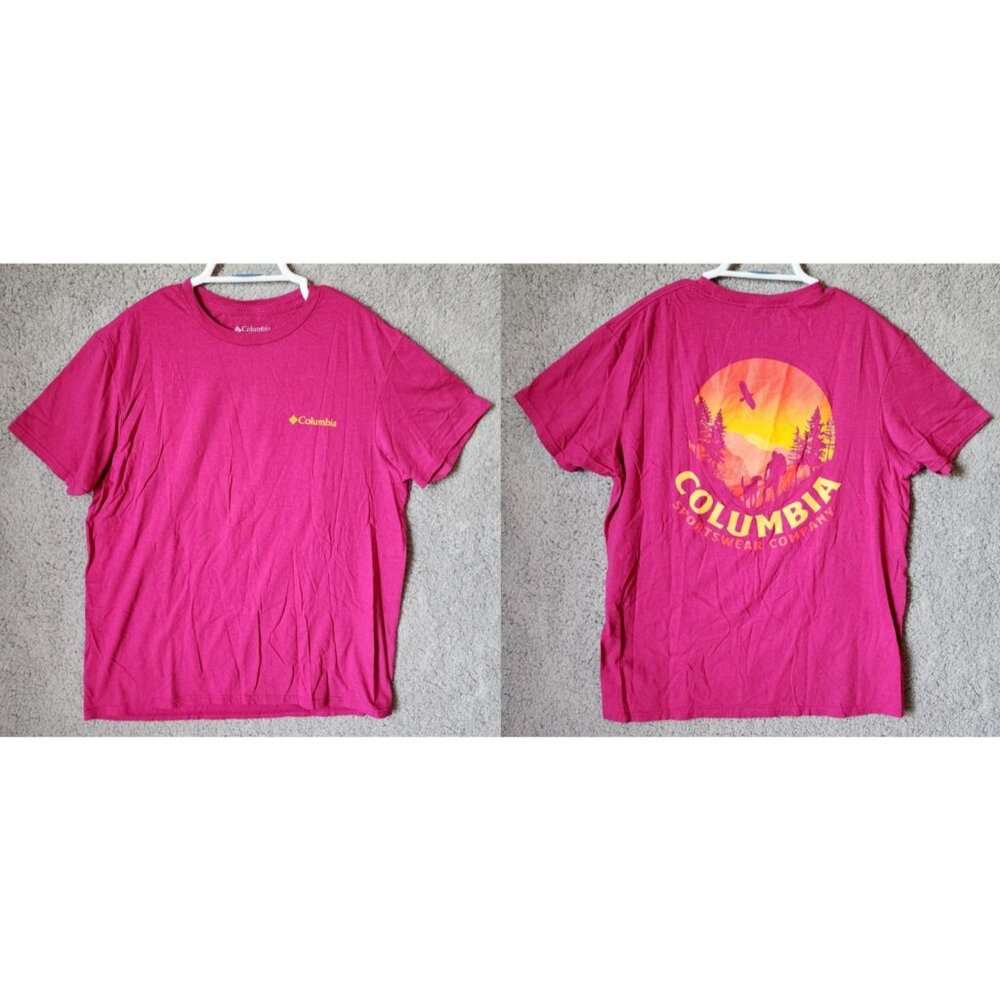 Columbia PFG Pink Sunset Graphic Logo T Shirt Size Large 100% Cotton